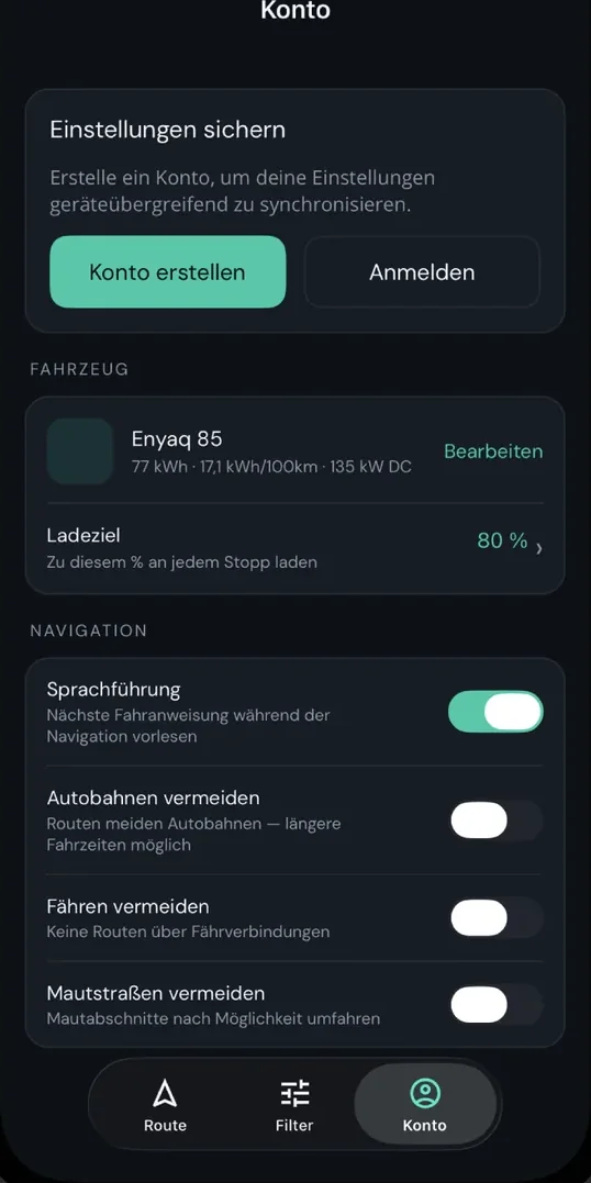 Konto / Fahrzeugprofil