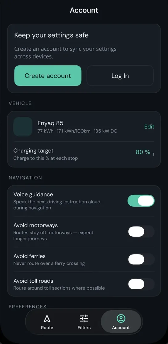 Account / vehicle profile screen
