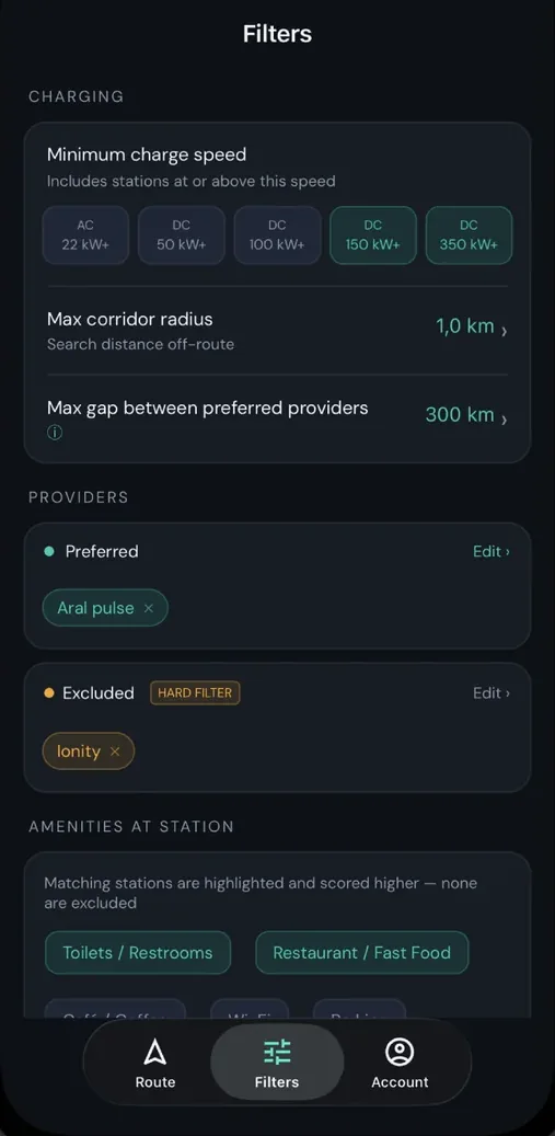 Filters screen